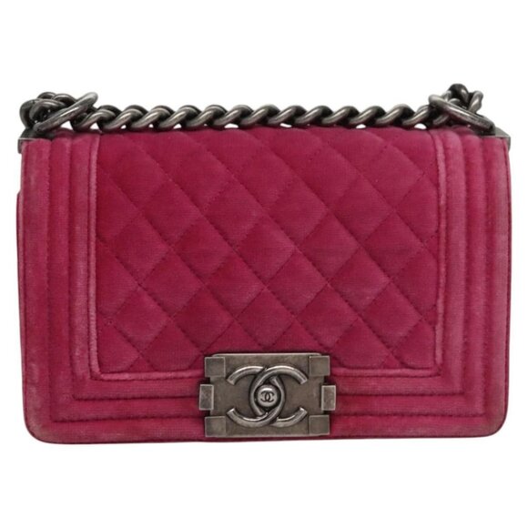 CHANEL Chain Boy Chanel Matelasse Shoulder Bag Velor Pink CC Auth BA245 - Picture 1 of 16